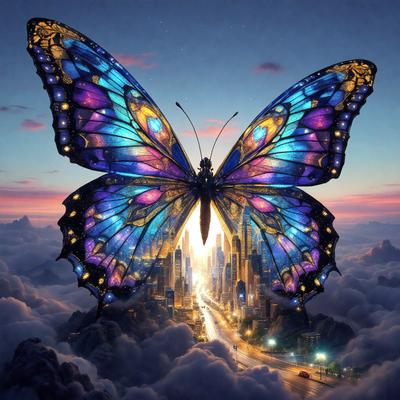 Primary subject: A butterfly with a cityscape in the background.

Setting/background: The butterfly is flying in a cloudy sky, with a cityscape visible in the background.

Visual style: The image is a digital art or illustration.

Colors and mood: The butterfly is colorful, with a mix of purple, blue, and orange hues. The overall atmosphere is whimsical and dreamy.